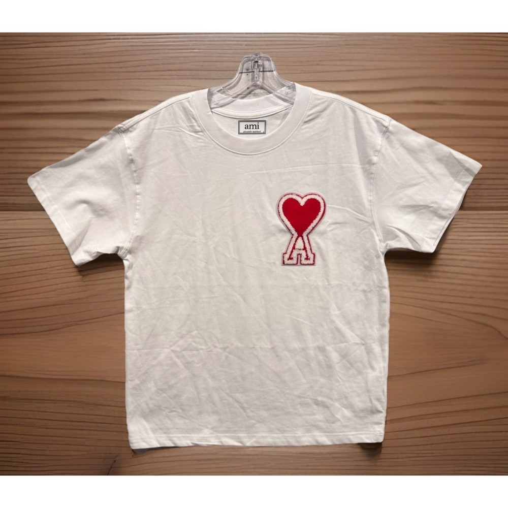 AMI Paris Ami De Coeur Shirt Sz L White Red Heart Ace Organic Cotton Boxy Fit